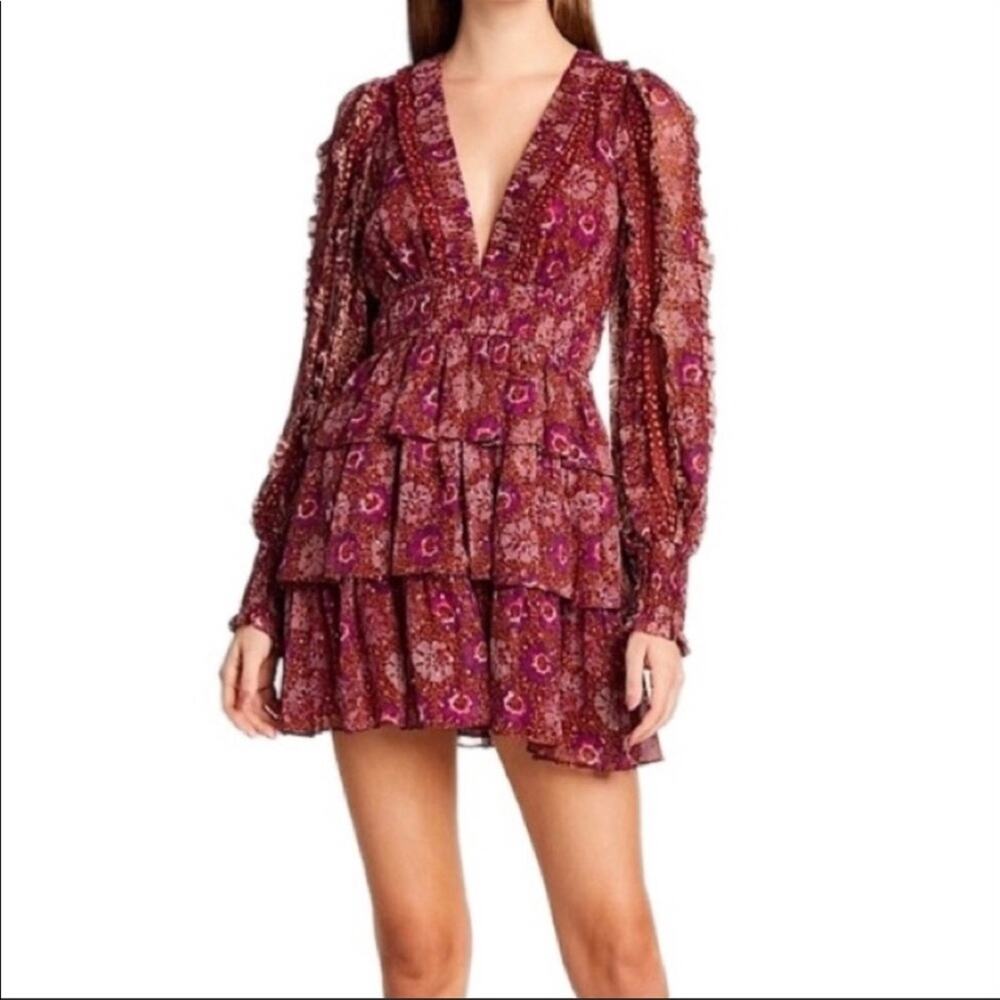 House of Harlow 1960 Burgundy & Pink Floral Tiered V-Neck Mini Dress